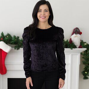 Marc New York Crushed Velvet Black Puff Shoulder Ruched Sleeve Top | Size M